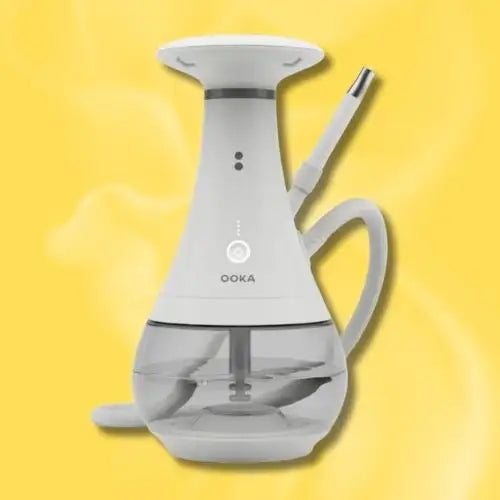 White ooka water vaporizer with clear glass base and hose, modern design.